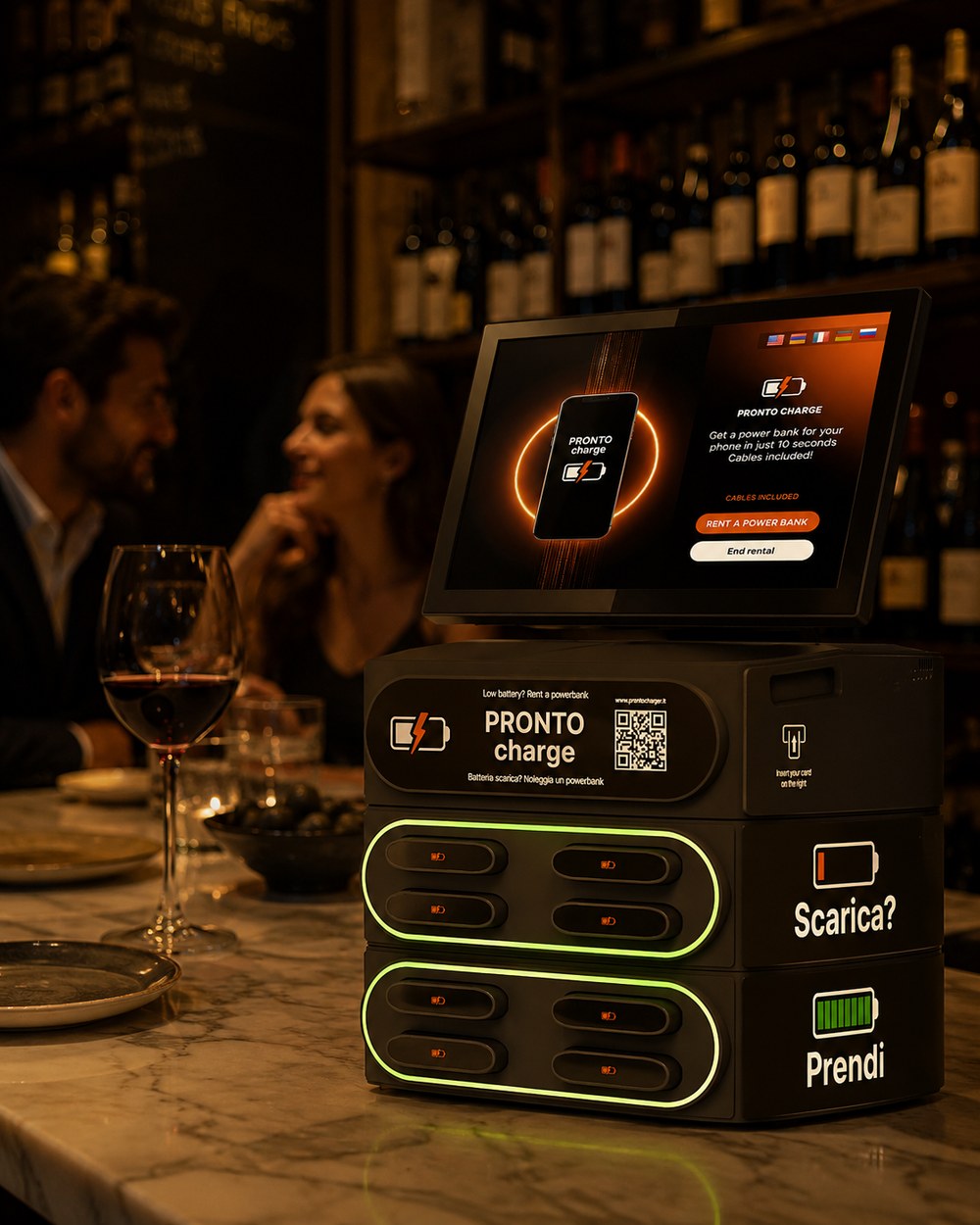 Station Pro 8 su bancone in marmo · 8 slot, POS integrato